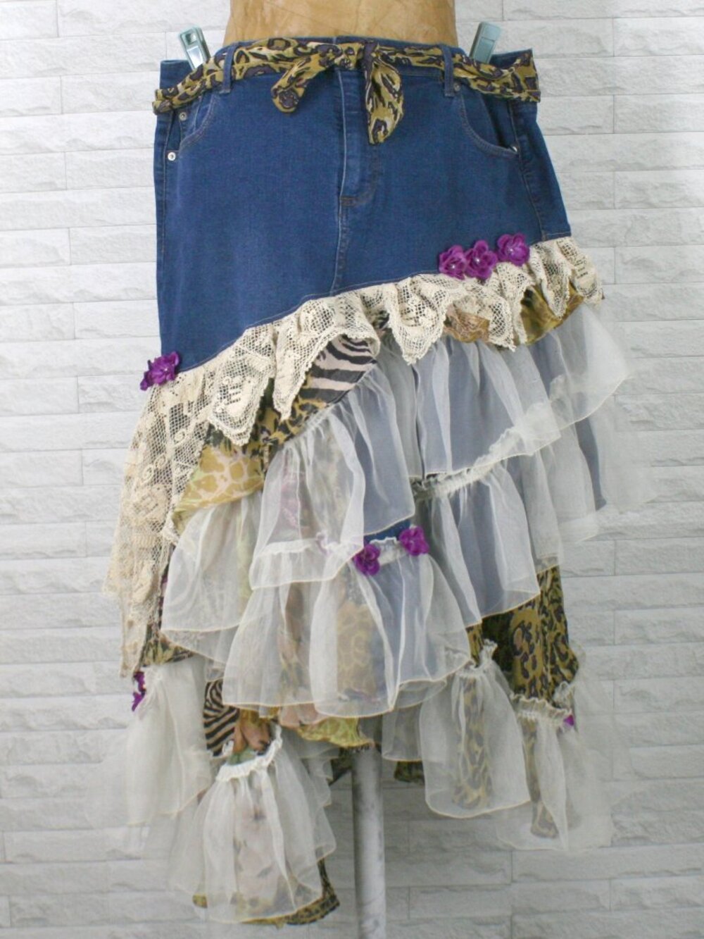HAND CRAFTED Skirt Denim Maxi Upcycled Lace Ruffles Asymmetrical Plus Size 16